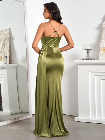 Elegant Satin High Slit Fishbone Ribbon Cross Strap Long Dress For Women's Ball Dress Maxi Women Dresses