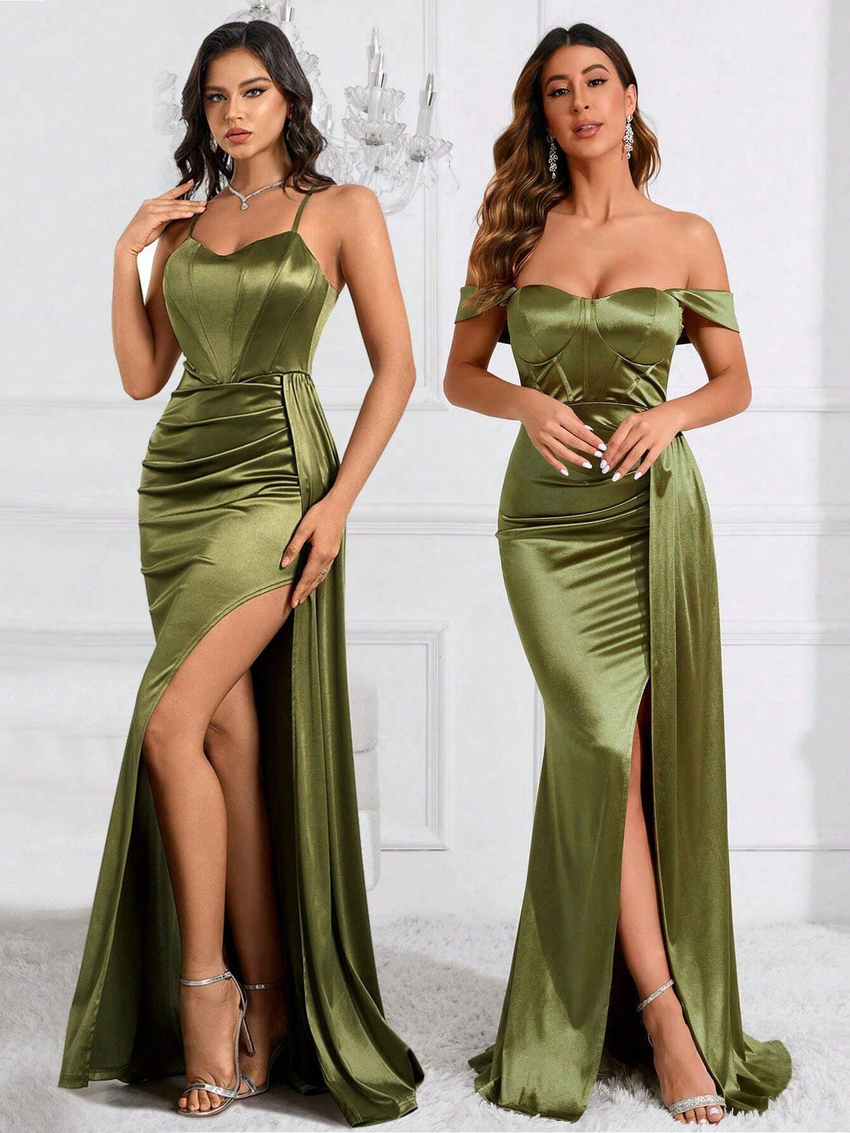 Elegant Satin High Slit Fishbone Ribbon Cross Strap Long Dress For Women's Ball Dress Maxi Women Dresses