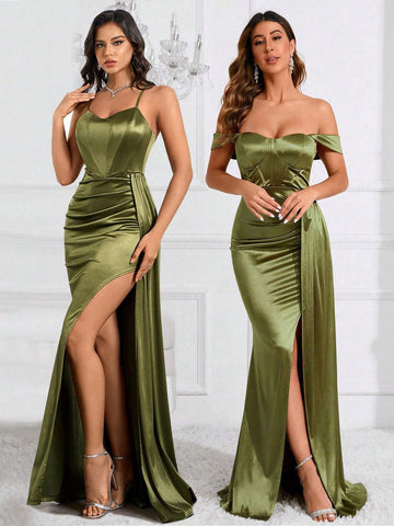 Elegant Satin High Slit Fishbone Ribbon Cross Strap Long Dress For Women's Ball Dress Maxi Women Dresses