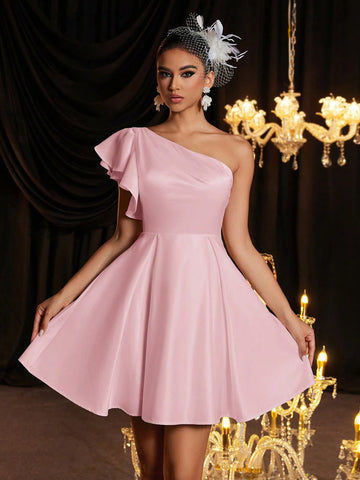 Elegant Luxurious One Shoulder Cap Sleeve Ruched Babydoll Dress, Suitable For Wedding, Party, Vacation, Bridesmaid Gift, White Bridal Dress