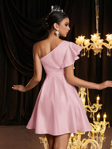 Elegant Luxurious One Shoulder Cap Sleeve Ruched Babydoll Dress, Suitable For Wedding, Party, Vacation, Bridesmaid Gift, White Bridal Dress