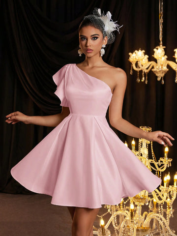 Elegant Luxurious One Shoulder Cap Sleeve Ruched Babydoll Dress, Suitable For Wedding, Party, Vacation, Bridesmaid Gift, White Bridal Dress