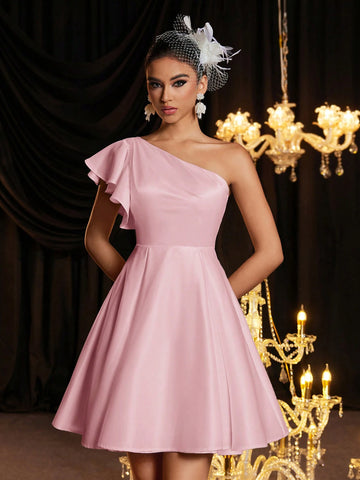 Elegant Luxurious One Shoulder Cap Sleeve Ruched Babydoll Dress, Suitable For Wedding, Party, Vacation, Bridesmaid Gift, White Bridal Dress