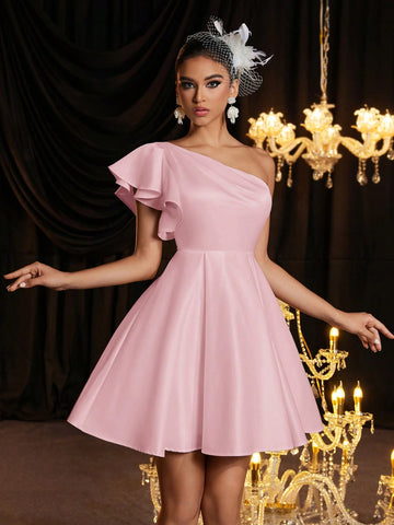 Elegant Luxurious One Shoulder Cap Sleeve Ruched Babydoll Dress, Suitable For Wedding, Party, Vacation, Bridesmaid Gift, White Bridal Dress