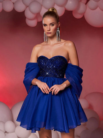 Elegant Sequin Patchwork Strapless Puff Sleeve Peplum Hem Ballroom Gown Dress For Women (Heavily Embellished)