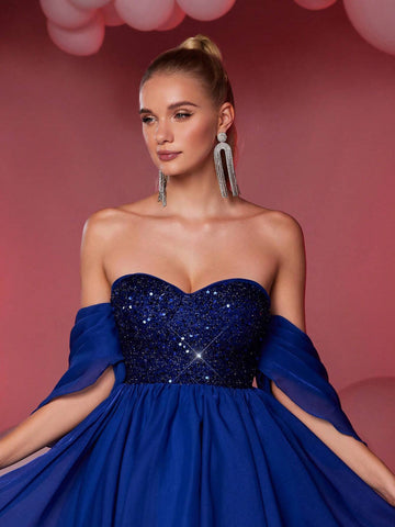 Elegant Sequin Patchwork Strapless Puff Sleeve Peplum Hem Ballroom Gown Dress For Women (Heavily Embellished)