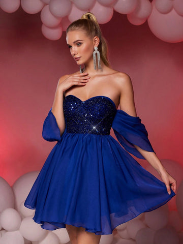 Elegant Sequin Patchwork Strapless Puff Sleeve Peplum Hem Ballroom Gown Dress For Women (Heavily Embellished)