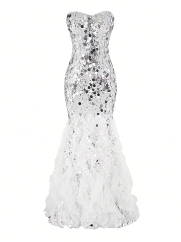 Elegant, Sexy And Atmospheric Strapless Fishtail Gown With Fine Beading, Decorative Bow On The Back Of The Waist, Lace Embellishments, And Hollow Out Design. Perfect For Heavy-Duty Occasions.