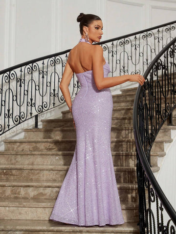 Elegant, Sexy, Gorgeous And Charming Women's Lavender Sequined High-Elastic Cross-Neck Gathered Chest Gathered Decoration High Waist Backless High Slit Tight Fishtail Hem Trailing Graduation Season Wedding Quarter Holiday Prom Formal Evening Dress