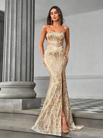 Elegant Sexy Luxurious Champagne-Colored Beaded Straps Side Cutout High-Waisted Mermaid Evening Dress, With High Slit And Open Back And Train, Suitable For Formal Occasions