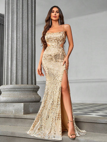 Elegant Sexy Luxurious Champagne-Colored Beaded Straps Side Cutout High-Waisted Mermaid Evening Dress, With High Slit And Open Back And Train, Suitable For Formal Occasions