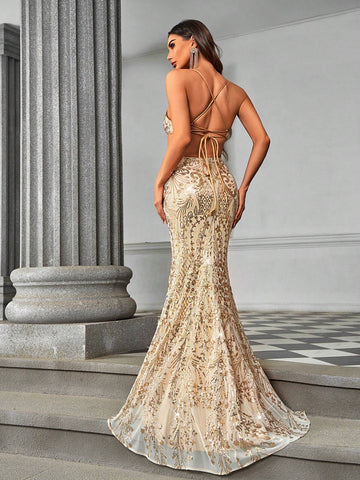 Elegant Sexy Luxurious Champagne-Colored Beaded Straps Side Cutout High-Waisted Mermaid Evening Dress, With High Slit And Open Back And Train, Suitable For Formal Occasions