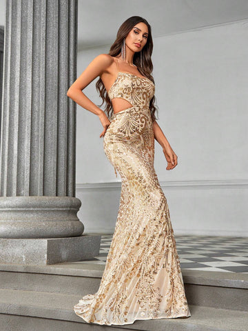 Elegant Sexy Luxurious Champagne-Colored Beaded Straps Side Cutout High-Waisted Mermaid Evening Dress, With High Slit And Open Back And Train, Suitable For Formal Occasions