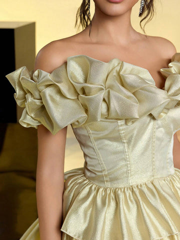 Elegant, Sexy, Romantic, Gold Glitter, Organza, One Shoulder, Three-Dimensional Pleats, Cake Skirt, Christmas Party Prom Dress