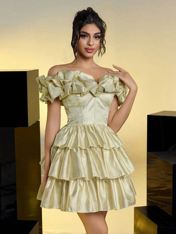 Elegant, Sexy, Romantic, Gold Glitter, Organza, One Shoulder, Three-Dimensional Pleats, Cake Skirt, Christmas Party Prom Dress