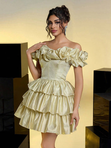 Elegant, Sexy, Romantic, Gold Glitter, Organza, One Shoulder, Three-Dimensional Pleats, Cake Skirt, Christmas Party Prom Dress