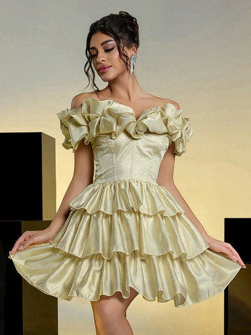 Elegant, Sexy, Romantic, Gold Glitter, Organza, One Shoulder, Three-Dimensional Pleats, Cake Skirt, Christmas Party Prom Dress