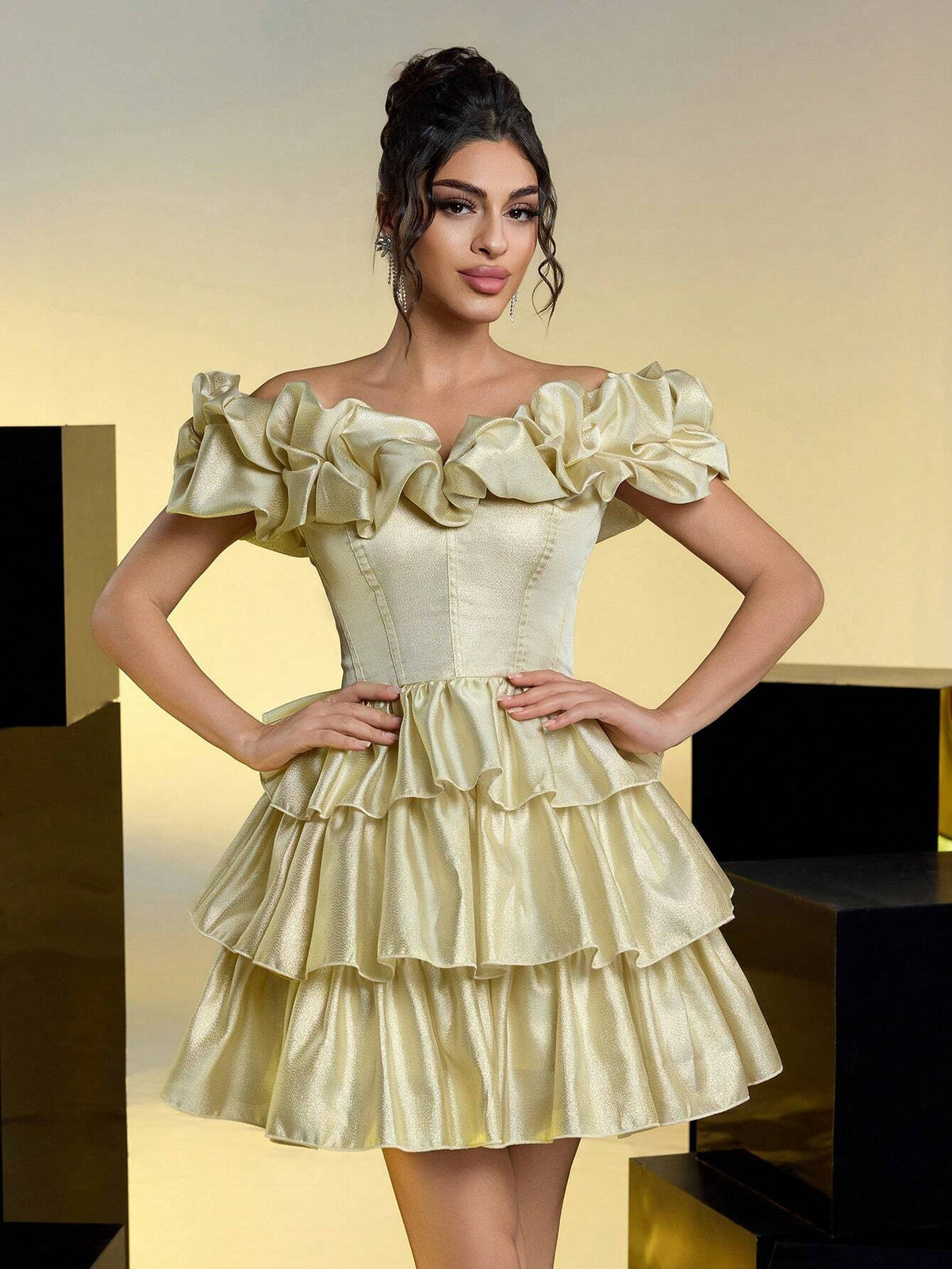 Elegant, Sexy, Romantic, Gold Glitter, Organza, One Shoulder, Three-Dimensional Pleats, Cake Skirt, Christmas Party Prom Dress