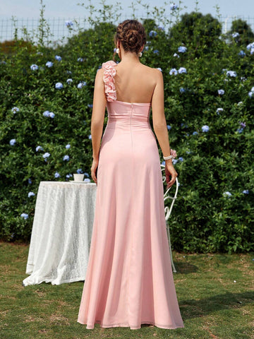 Elegant Shoulder Strap Design, 3D Flower, Pleated, High Slit, A-Line Bridesmaid Dress (Adult)