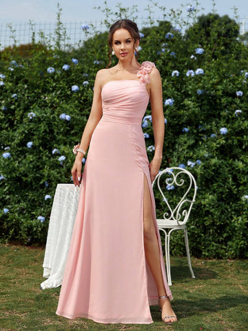Elegant Shoulder Strap Design, 3D Flower, Pleated, High Slit, A-Line Bridesmaid Dress (Adult)