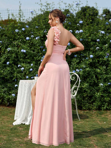 Elegant Shoulder Strap Design, 3D Flower, Pleated, High Slit, A-Line Bridesmaid Dress (Adult)