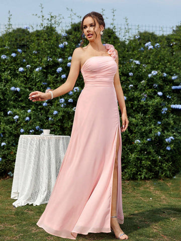 Elegant Shoulder Strap Design, 3D Flower, Pleated, High Slit, A-Line Bridesmaid Dress (Adult)