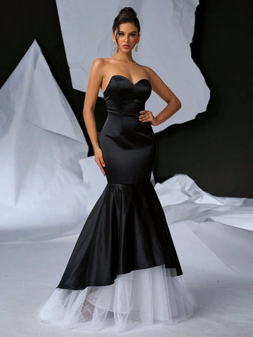 Elegant Simple Atmosphere Black Cowl Neck Fishbone Breast Cup High Waist  Gothic Informal Wedding Single Party Wedding Event Graduation Ceremony Heavy Duty Dinner Dresses