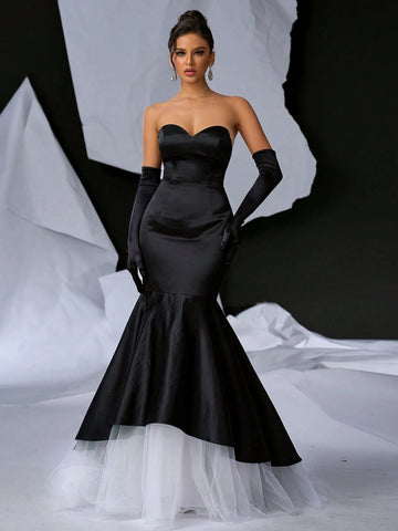 Elegant Simple Atmosphere Black Cowl Neck Fishbone Breast Cup High Waist  Gothic Informal Wedding Single Party Wedding Event Graduation Ceremony Heavy Duty Dinner Dresses