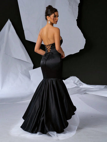 Elegant Simple Atmosphere Black Cowl Neck Fishbone Breast Cup High Waist  Gothic Informal Wedding Single Party Wedding Event Graduation Ceremony Heavy Duty Dinner Dresses