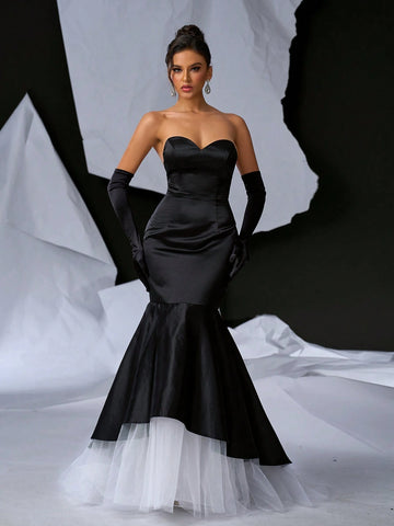 Elegant Simple Atmosphere Black Cowl Neck Fishbone Breast Cup High Waist  Gothic Informal Wedding Single Party Wedding Event Graduation Ceremony Heavy Duty Dinner Dresses