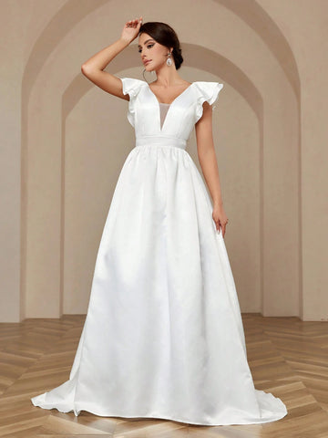 Elegant Simple Atmosphere Glossy Satin Exaggerated Double Three-Dimensional Ruffled Sleeves Large Backless Detachable Bow Oversized Hem Trailing Wedding Dresses