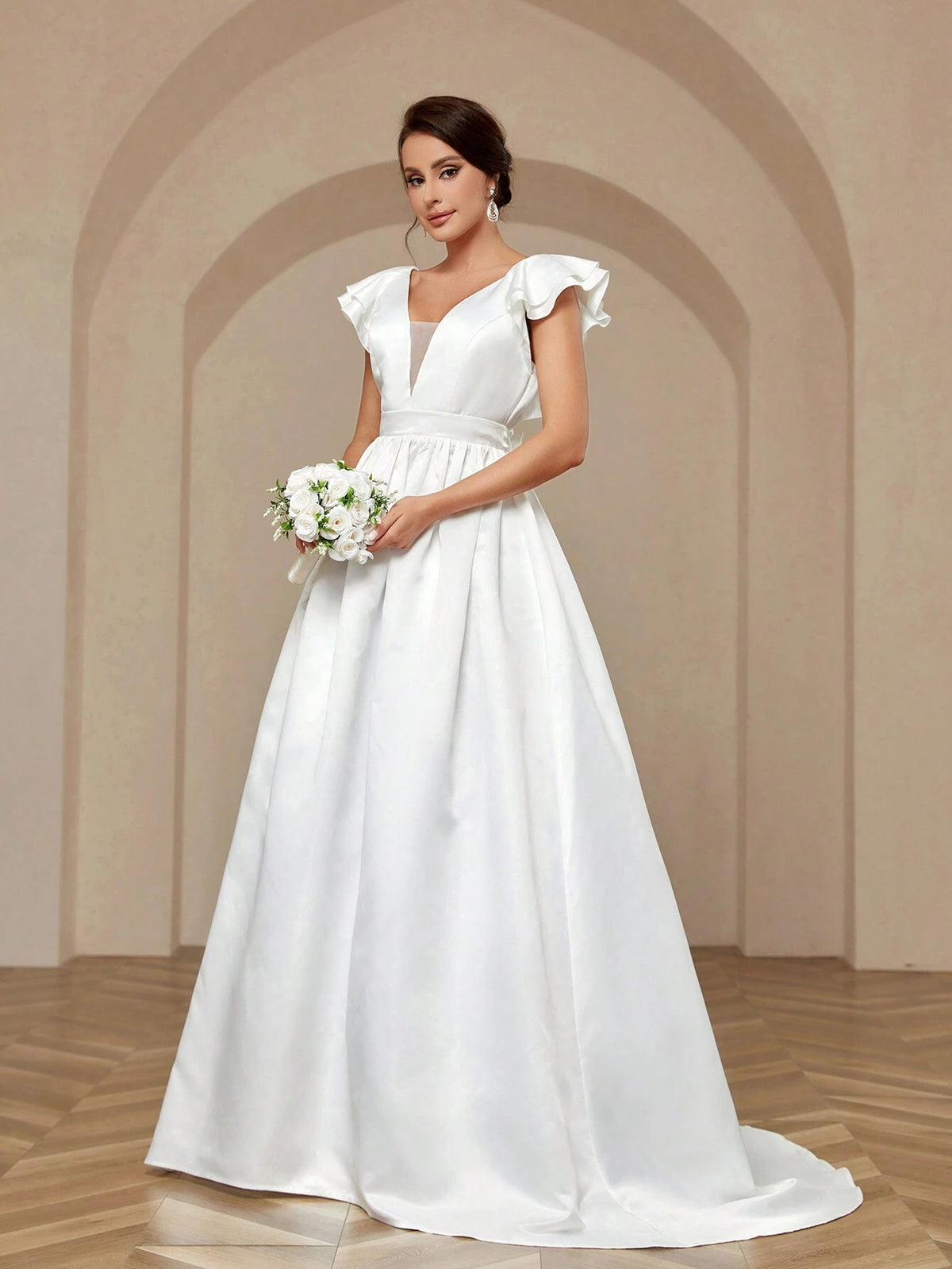 Elegant Simple Atmosphere Glossy Satin Exaggerated Double Three-Dimensional Ruffled Sleeves Large Backless Detachable Bow Oversized Hem Trailing Wedding Dresses