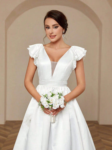 Elegant Simple Atmosphere Glossy Satin Exaggerated Double Three-Dimensional Ruffled Sleeves Large Backless Detachable Bow Oversized Hem Trailing Wedding Dresses