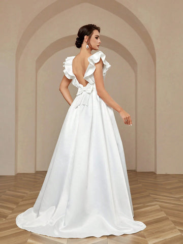 Elegant Simple Atmosphere Glossy Satin Exaggerated Double Three-Dimensional Ruffled Sleeves Large Backless Detachable Bow Oversized Hem Trailing Wedding Dresses