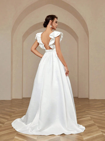 Elegant Simple Atmosphere Glossy Satin Exaggerated Double Three-Dimensional Ruffled Sleeves Large Backless Detachable Bow Oversized Hem Trailing Wedding Dresses