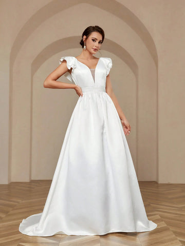 Elegant Simple Atmosphere Glossy Satin Exaggerated Double Three-Dimensional Ruffled Sleeves Large Backless Detachable Bow Oversized Hem Trailing Wedding Dresses