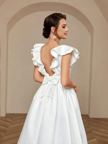 Elegant Simple Atmosphere Glossy Satin Exaggerated Double Three-Dimensional Ruffled Sleeves Large Backless Detachable Bow Oversized Hem Trailing Wedding Dresses