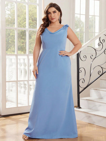 Elegant Simple Atmosphere Plus Size Haze Blue Plunging Neckline Shoulder Embroidery 3d Flower Decoration Bust Cups High Waist Thin Small Fishtail Hem Outdoor Wedding Vacation Travel Wedding Bridesmaid Dresses