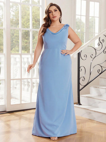 Elegant Simple Atmosphere Plus Size Haze Blue Plunging Neckline Shoulder Embroidery 3d Flower Decoration Bust Cups High Waist Thin Small Fishtail Hem Outdoor Wedding Vacation Travel Wedding Bridesmaid Dresses