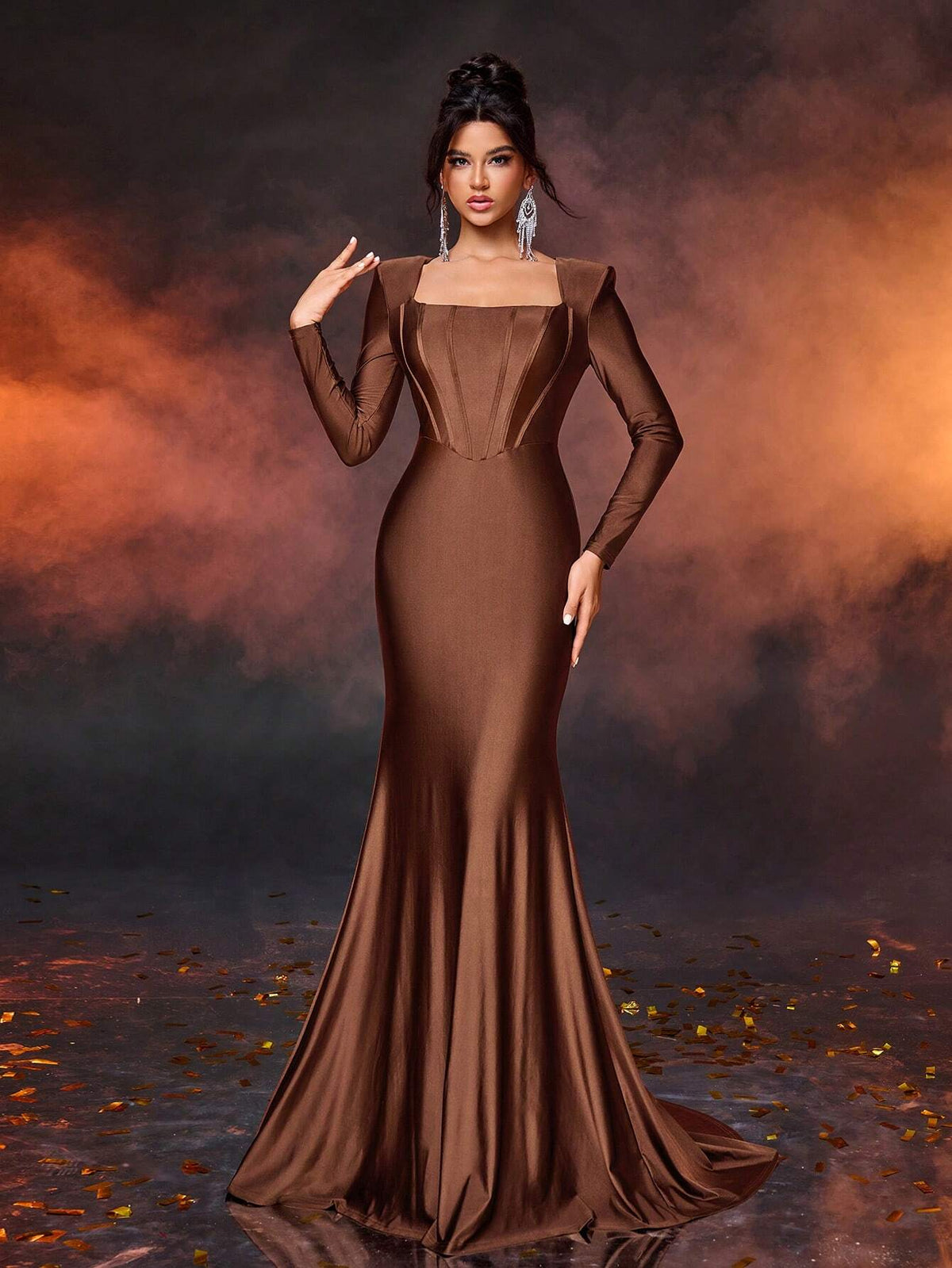 Elegant Simple Deep Brown Square Neck Puff Sleeve Front Panel Fitted High Waist Fishtail Hem Formal Dress
