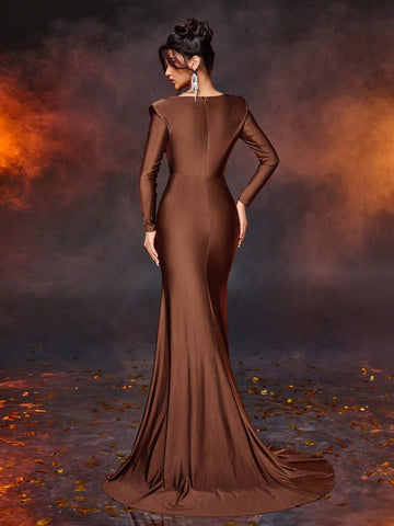 Elegant Simple Deep Brown Square Neck Puff Sleeve Front Panel Fitted High Waist Fishtail Hem Formal Dress