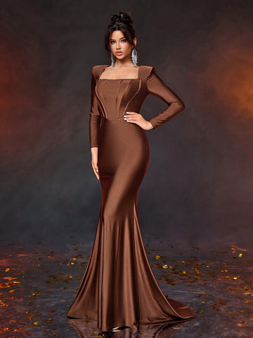 Elegant Simple Deep Brown Square Neck Puff Sleeve Front Panel Fitted High Waist Fishtail Hem Formal Dress