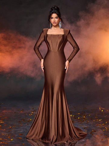Elegant Simple Deep Brown Square Neck Puff Sleeve Front Panel Fitted High Waist Fishtail Hem Formal Dress