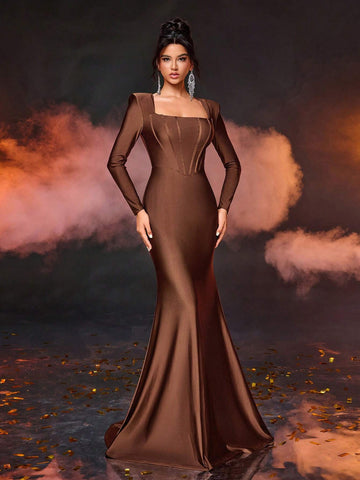 Elegant Simple Deep Brown Square Neck Puff Sleeve Front Panel Fitted High Waist Fishtail Hem Formal Dress