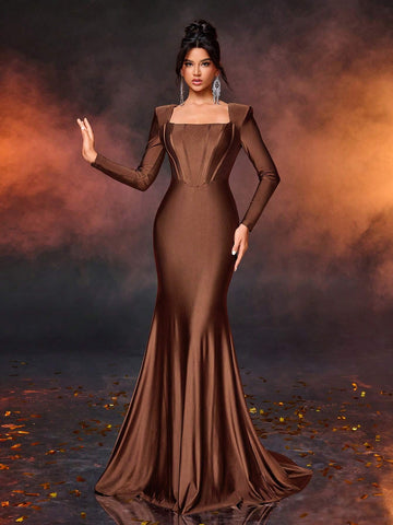 Elegant Simple Deep Brown Square Neck Puff Sleeve Front Panel Fitted High Waist Fishtail Hem Formal Dress