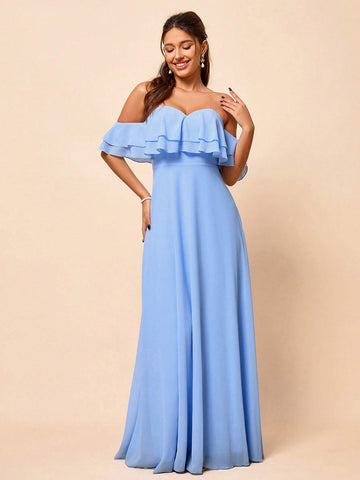 Elegant, Soft And Elegant, Romantic Alice Blue Chiffon One-Shoulder Ruffled High-Waisted A-Shaped Umbrella Hem Seaside Wedding Outdoor Wedding Lawn Wedding Travel Wedding Bridesmaid Dress