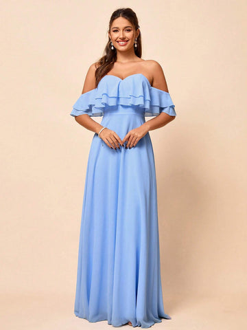 Elegant, Soft And Elegant, Romantic Alice Blue Chiffon One-Shoulder Ruffled High-Waisted A-Shaped Umbrella Hem Seaside Wedding Outdoor Wedding Lawn Wedding Travel Wedding Bridesmaid Dress