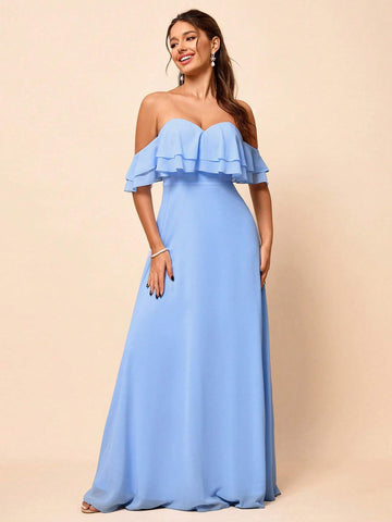 Elegant, Soft And Elegant, Romantic Alice Blue Chiffon One-Shoulder Ruffled High-Waisted A-Shaped Umbrella Hem Seaside Wedding Outdoor Wedding Lawn Wedding Travel Wedding Bridesmaid Dress