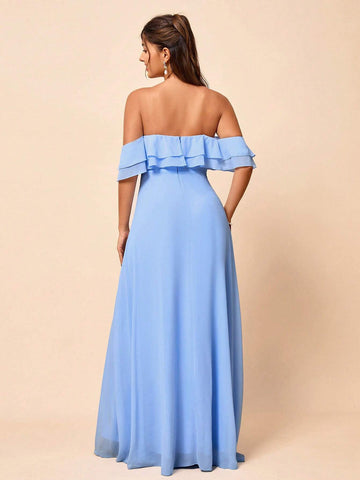 Elegant, Soft And Elegant, Romantic Alice Blue Chiffon One-Shoulder Ruffled High-Waisted A-Shaped Umbrella Hem Seaside Wedding Outdoor Wedding Lawn Wedding Travel Wedding Bridesmaid Dress