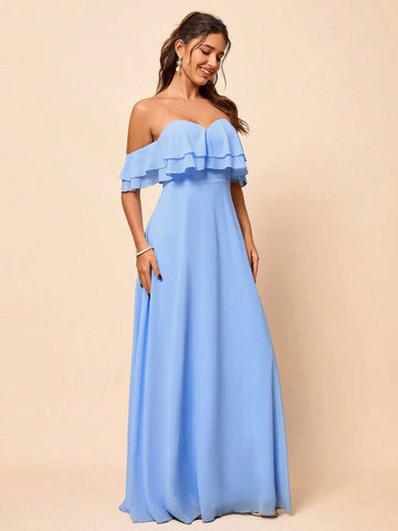 Elegant, Soft And Elegant, Romantic Alice Blue Chiffon One-Shoulder Ruffled High-Waisted A-Shaped Umbrella Hem Seaside Wedding Outdoor Wedding Lawn Wedding Travel Wedding Bridesmaid Dress